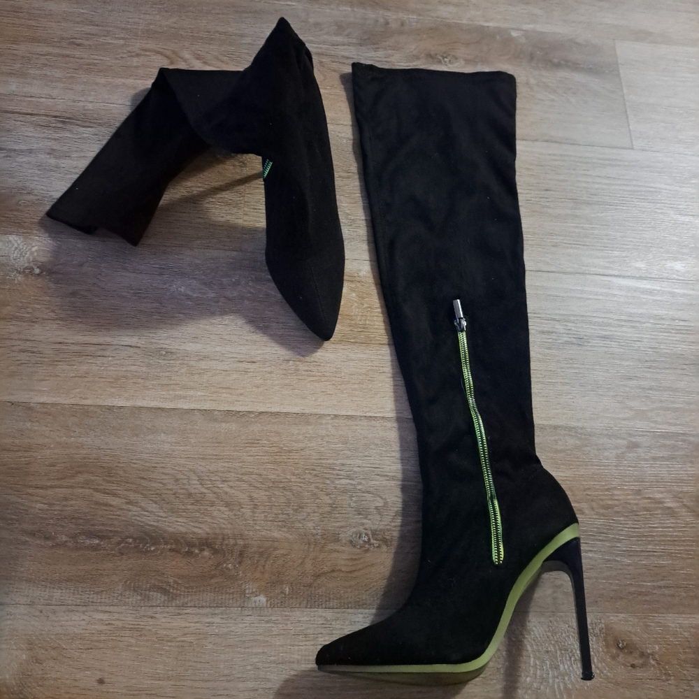 Shoedazzle Destine High Stiletto Black Green Knee-High Boots Size EU 40 or 9